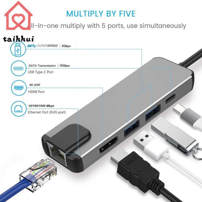 HUB chuyển đổi cổng type C HDMI USB sang Gigabit Ethernet Rj45 cho Macbook Pro có cổng sạc Thunderbolt 3 USB-C