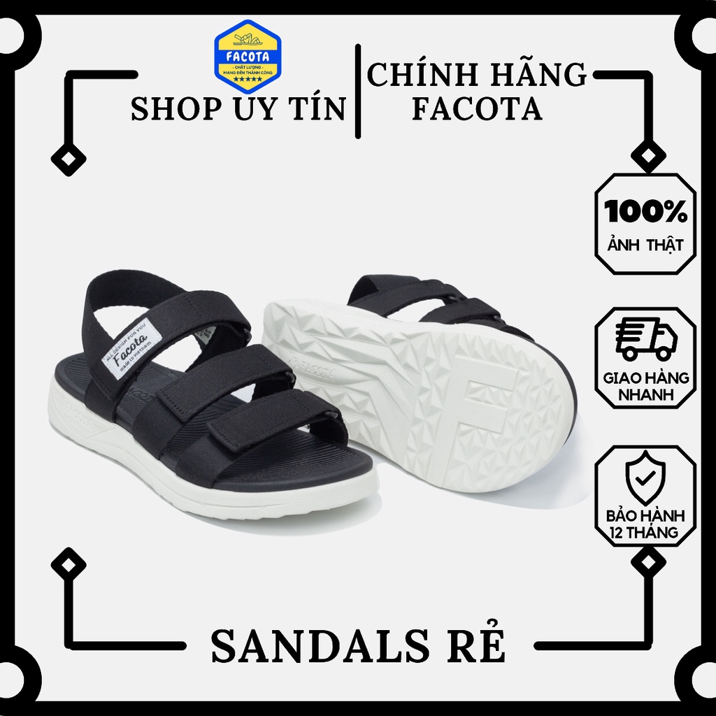 Facota | Giày Dép Sandal Nam, Nữ Unisex Thể Thao 3 Quai Đen Đế Trắng Đi Học, Đi Chơi Glc06