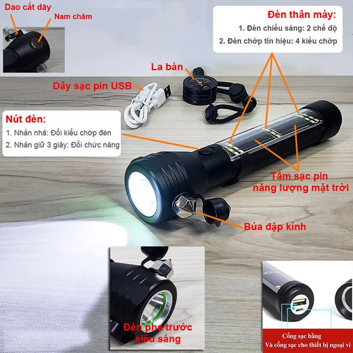 ĐÈN PIN ĐA NĂNG 5IN1 SIÊU SÁNG T08 CHỨC NĂNG BÚA THOÁT HIỂM CHÍNH HÃNG