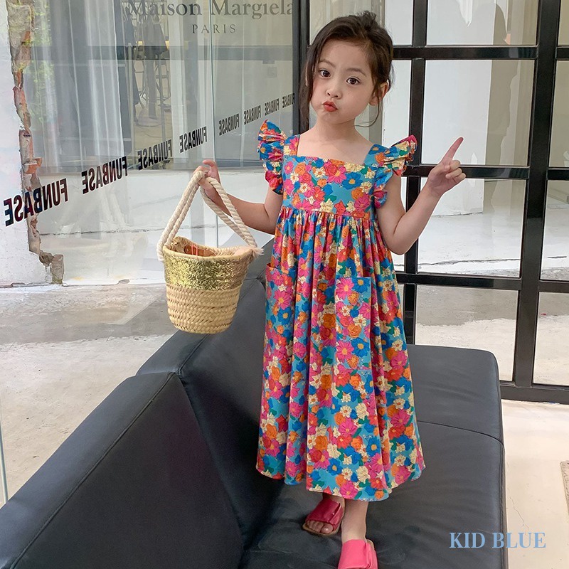 Đầm Dài Cổ Vuông Tay Cánh Tiên In Họa Tiết Hoa Thời Trang Hàn Quốc Cho Bé Gái