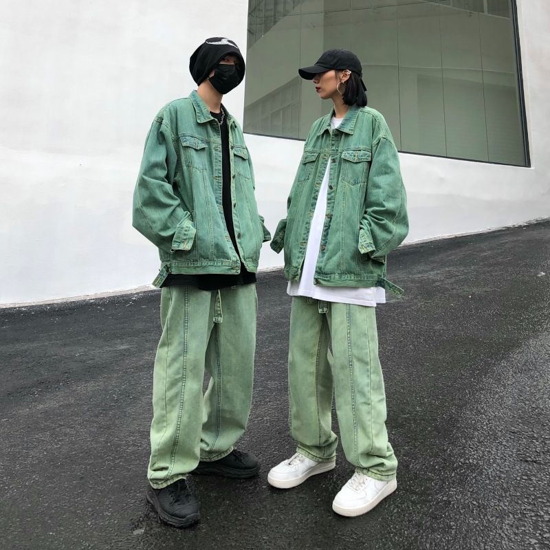 Quần Jeans Hip Hop Ba Chiều Ống Rộng Màu Xanh Lá Phong Cách Retro Đường Phố Cho Nam Và Nữ