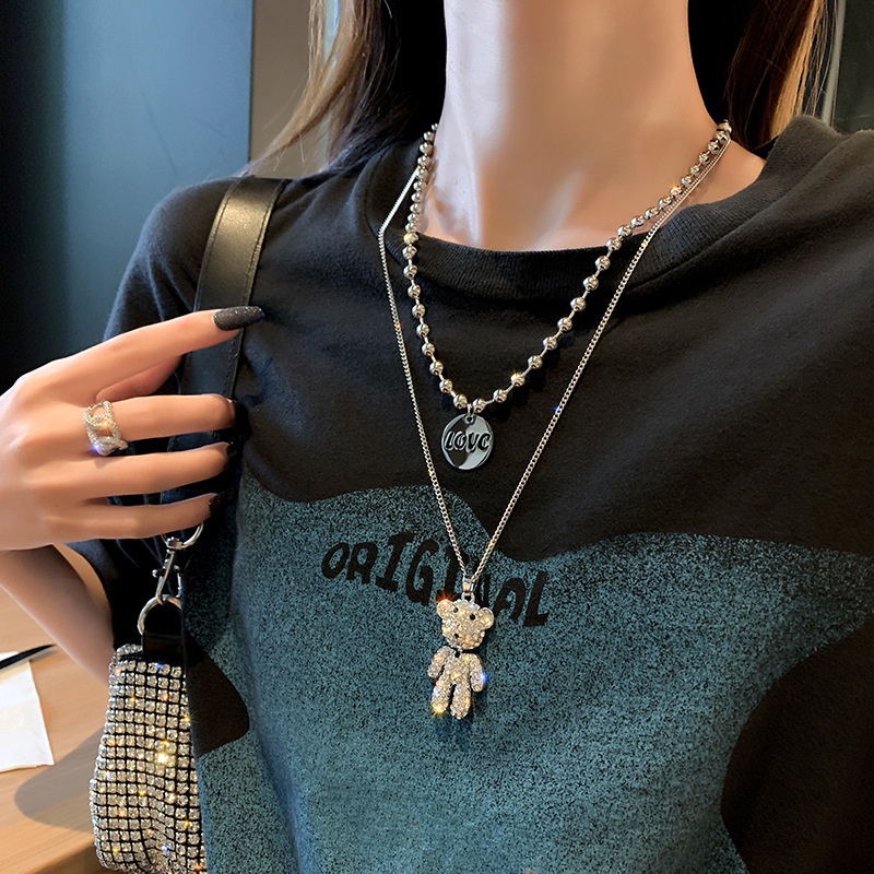 Dây chuyền Con gấu Vòng cổ dây chuyền buộc lưới màu đỏ toàn bộ xếp lên nhau dây chuyền set