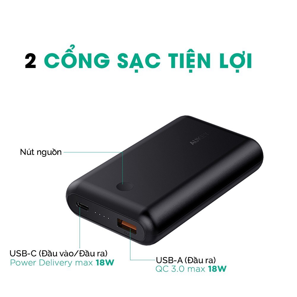 Sạc Dự Phòng Aukey PB-XD10 10050mAh, Sạc Nhanh QC 3.0, Sạc Nhanh PD 18W - Hàng Chính Hãng