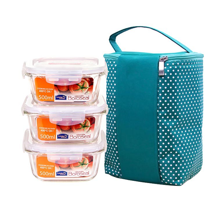 Bộ 3 hộp thủy tinh Lock&Lock LLG214 500ml tặng túi giữ nhiệt cao cấp