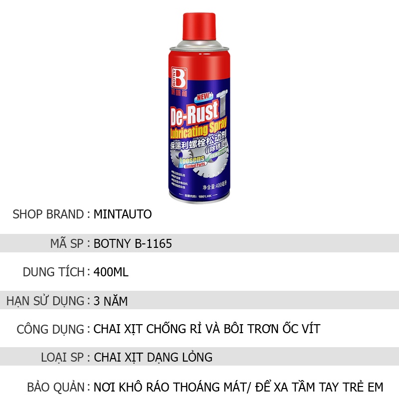 Chai Xịt Chống Rỉ Sét Và Bôi Trơn Ốc Vít Kim Loại De-Rust Lubricating Spray Botny B-1165 Dung Tích 400ml