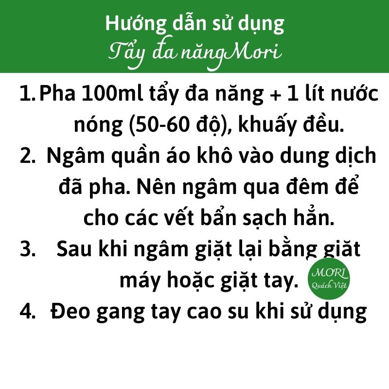 Tẩy đa năng MORI - Đánh bay các vết bẩn trên quần áo như lem màu, mỡ âm, vết thức ăn, 500ml