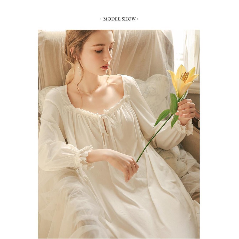 Đầm ngủ cotton tay dài dáng rộng phong cách công chúa dễ thương thời trang xuân thu cho nữ