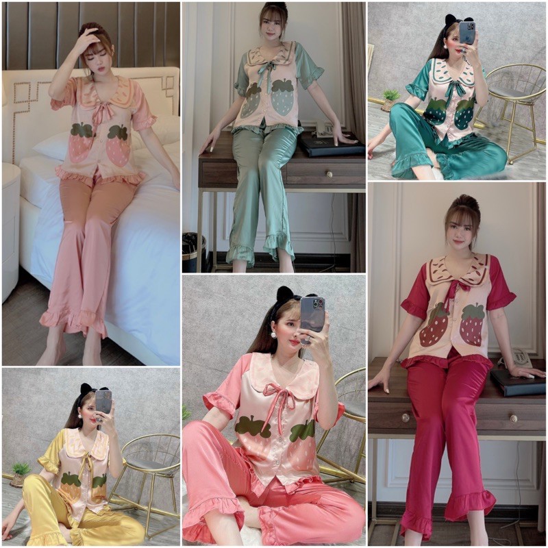 Bộ Lụa Pijama Satin Thiết Kế Hoạ Tiết Quả Dâu Tay Ngắn 🌸 Bộ Mặc Nhà [HÀNG ĐẸP CHUẨN] | BigBuy360 - bigbuy360.vn