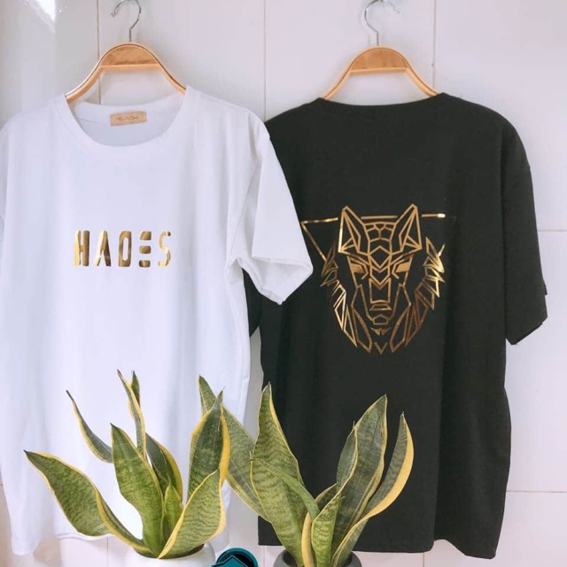 Áo phông thụng tay lỡ ép nhũ ánh gương vàng đồng đầu sói HASDES KT