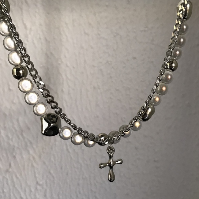 Vòng cổ Thép Titan Mặt Hình Thánh Giá Đính Ngọc Trai Phản Quang Phong Cách hip hop