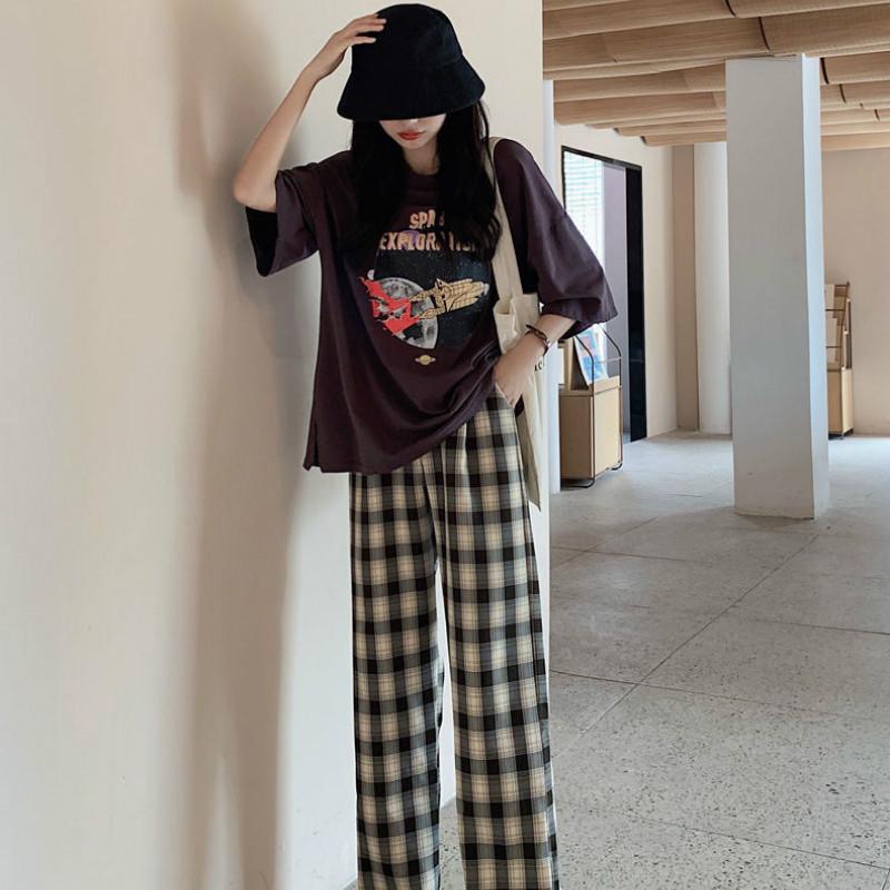 3293❤️ korean pants for women plus size high waist plaid pants loose casual straight leg full length