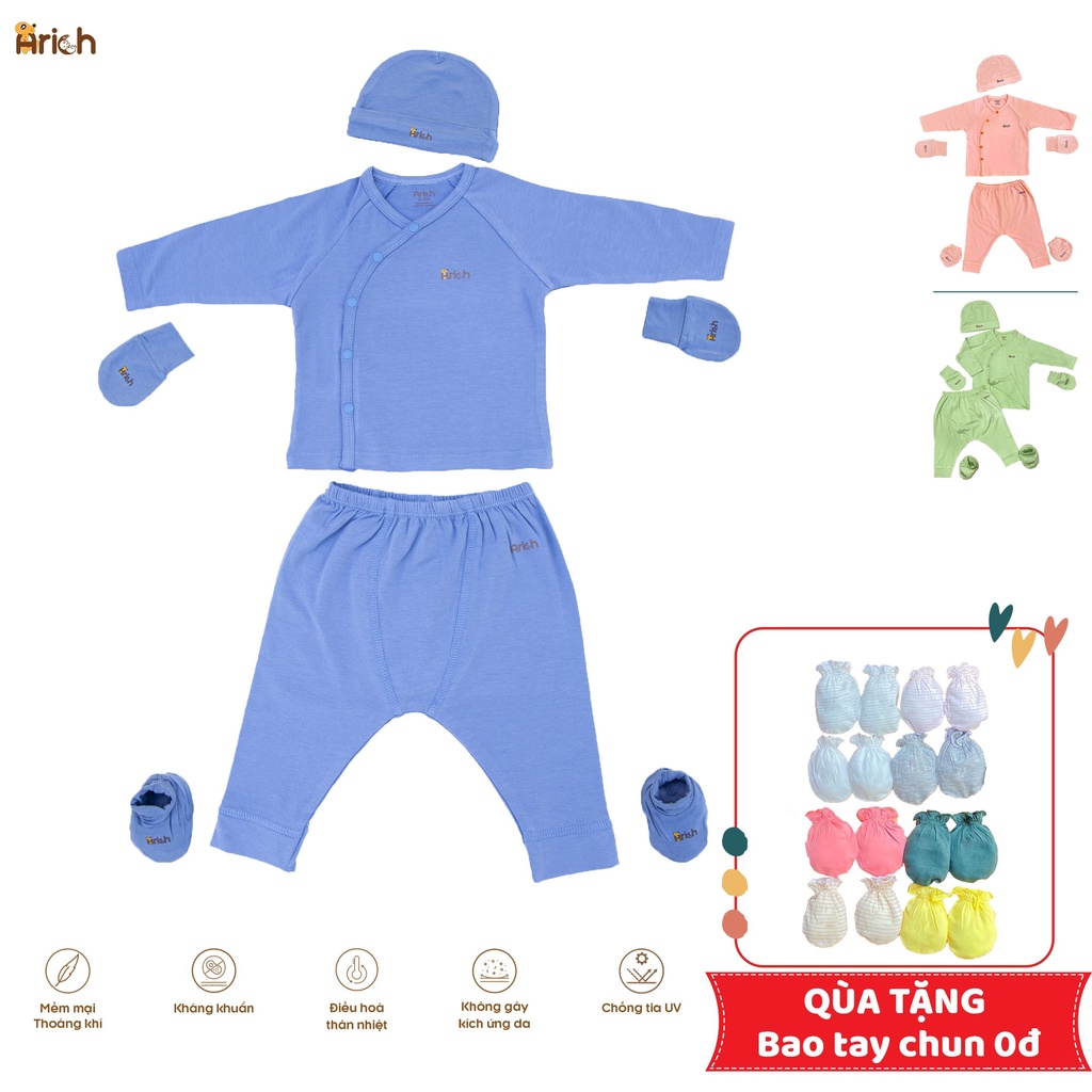 Combo dài tay cài lệch Arich - mũ Arich - bao tay bao chân Arich size 0-6M