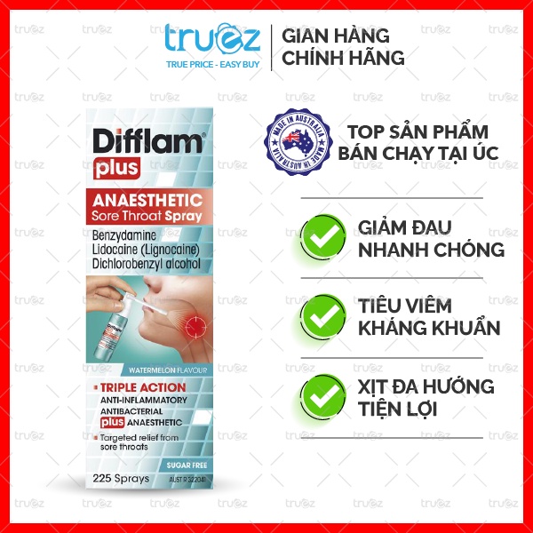 Xịt họng chống viêm, kháng khuẩn, gây tê [Úc] Difflam Plus Anaesthetic Sore Throat Spray 225 lần xịt [Chính hãng]