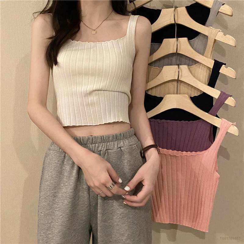 Áo Croptop Dệt Kim Hai Dây Dạng Cuộn Đa Năng Cho Nữ
