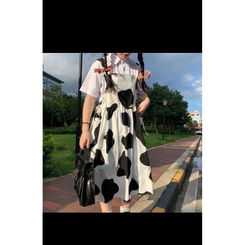🌸Váy Yếm Bò Sữa Dáng Dài Nữ 💐💐 Đầm midi 2 dây xòe phối dây nơ , thun loang màu trắng đen 🌈🌈