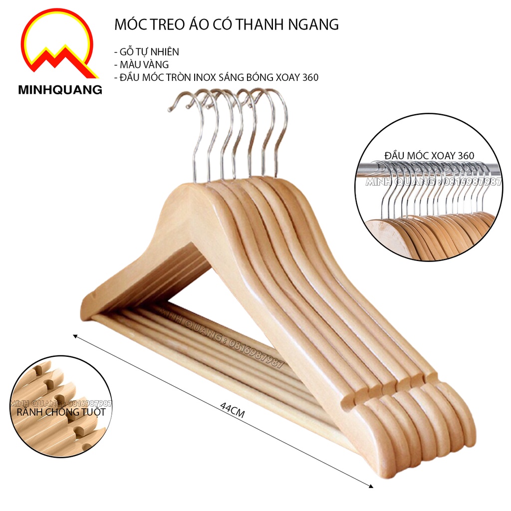 móc treo quần áo bằng gỗ tam giác vàng,nâu có thanh ngang, dùng cho cửa hàng, shop thời trang và khách sạn