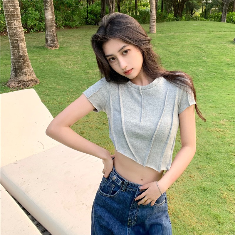Cocory vn Áo croptop tay ngắn cổ tròn thiết kế độc cá tính cho nữ