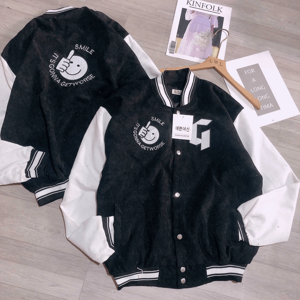 Áo Khoác Nhung Tăm Nữ 2 Lớp Chữ G Phối Mặt Cười Kiểu Dáng Bomber Phong Cách Trẻ Trung Mặc Mát [NEW UNISEX]