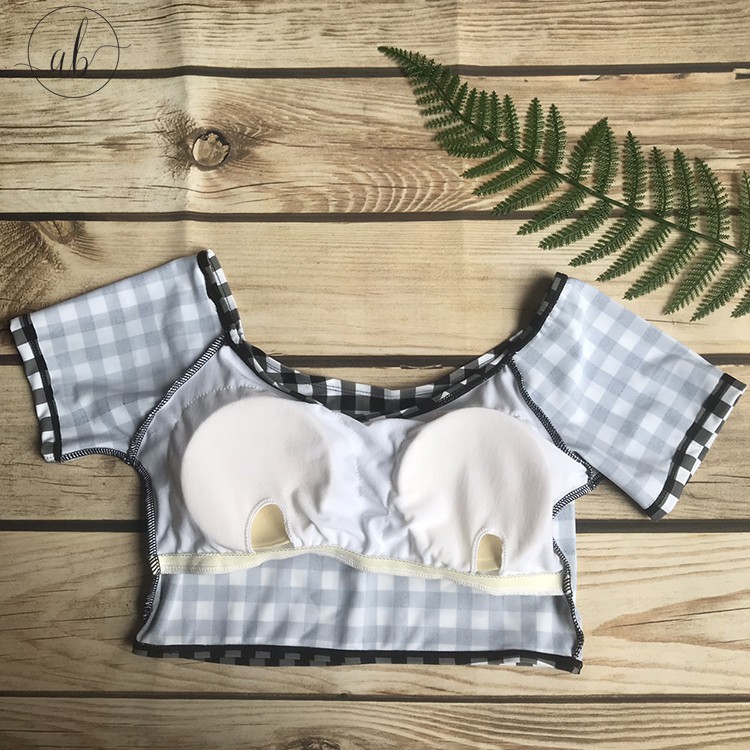 Bikini 2 mảnh quần cạp cao đan dây, áo cộc tay, caro đen trắng khỏe khoắn, thời trang (Freesize 40-55kg)