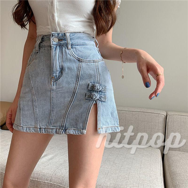 Hitpop-Women´s High Waist Denim Skirt, Zipper Button Closure Solid Color Knotted Buckles Split Hem Invisible Shorts Skirt