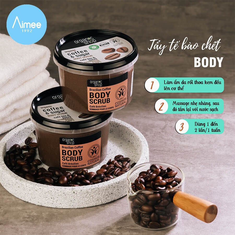 Tẩy da chết toàn thân ORGANIC SHOP COFFEE AND SUGAR + COCOA BODY SCRUB [Aimee1992]