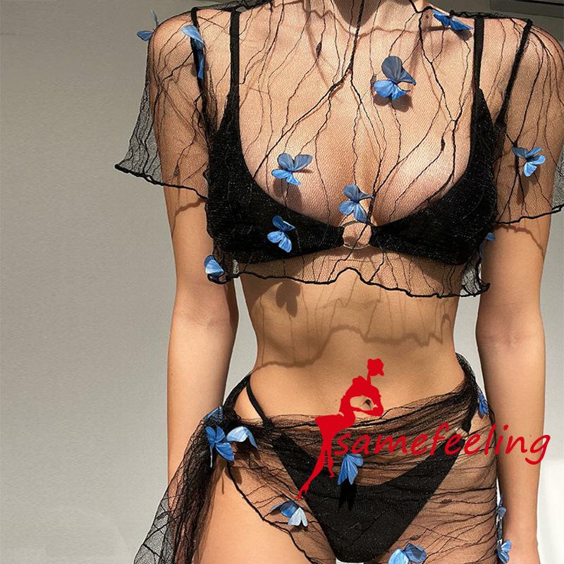 Bikini Bộ Đồ Bơi Áo Croptop Tay Ngắn Phối Chân Váy Lưới Mỏng Ba Chiều Trang Trí Hình Bướm Buộc Dây