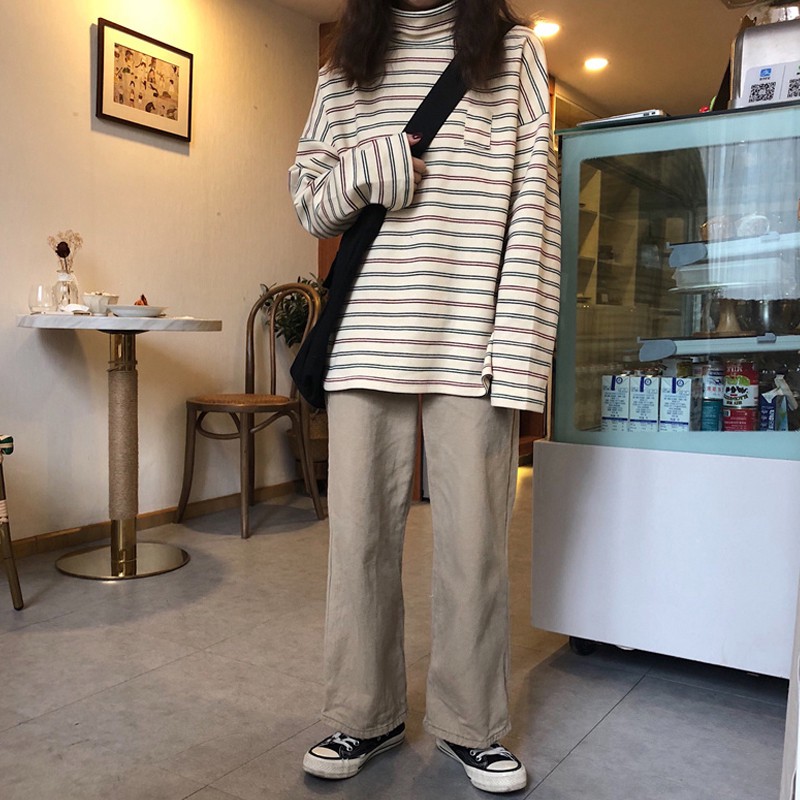 Có sẵn | Áo nỉ ulzzang cổ cao kẻ ngang MS2043 | BigBuy360 - bigbuy360.vn