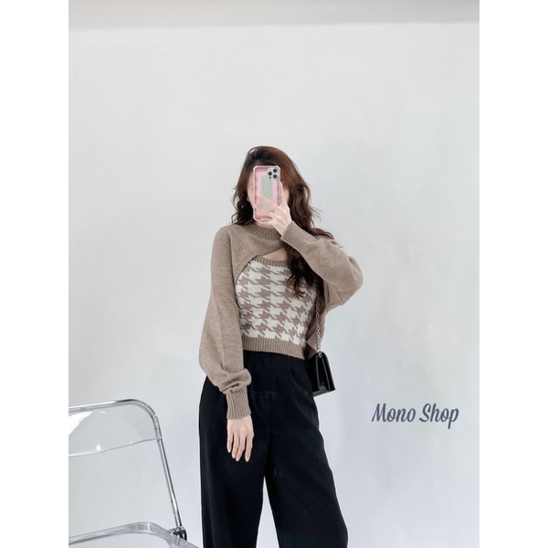 set áo len cutout kèm áo 2 dây ôm hoạt tiết ziczac bốn màu ( Ảnh thật/ sẵn) | BigBuy360 - bigbuy360.vn