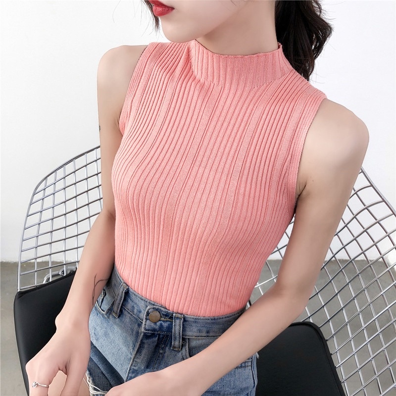 Áo sát nách nữ cổ cao 3 phân kẻ sọc