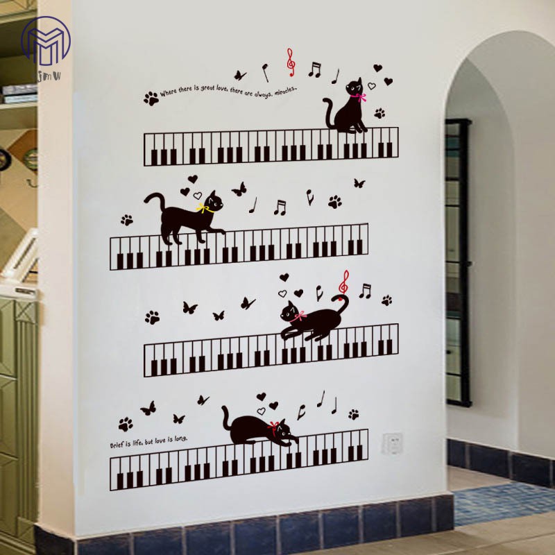 Miếng dán tường bằng PVC hình phím đàn piano & mèo dùng để trang trí
