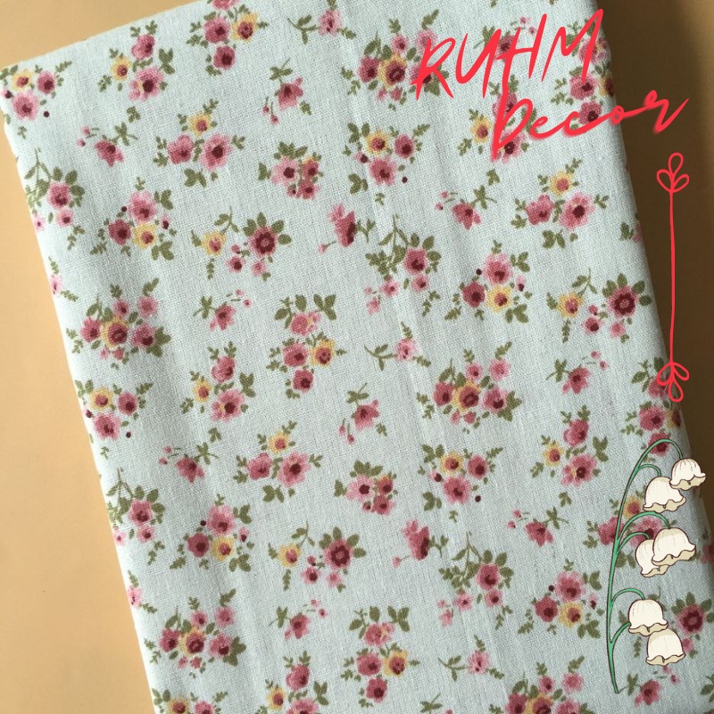 Vải bố linen đẹp may rèm dán trang trí che bàn bếp, hộc tủ xinh xắn - họa tiết Hoa nhí vàng hồng nhạt V-A08