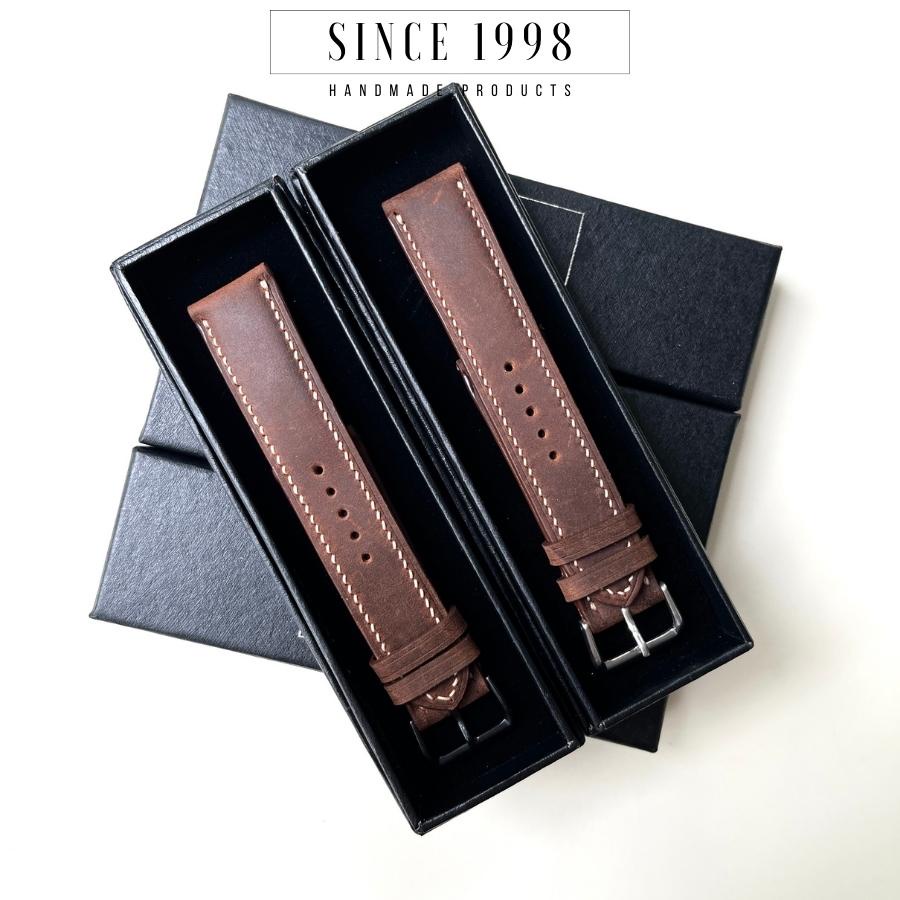 Dây Đồng Hồ Da Bò Nam 19mm 20mm 22mm 21mm 24mm, Da Thật, Handmade, Chống Nước, Chính Hãng, Màu Nâu Sáp, BH 12 Tháng