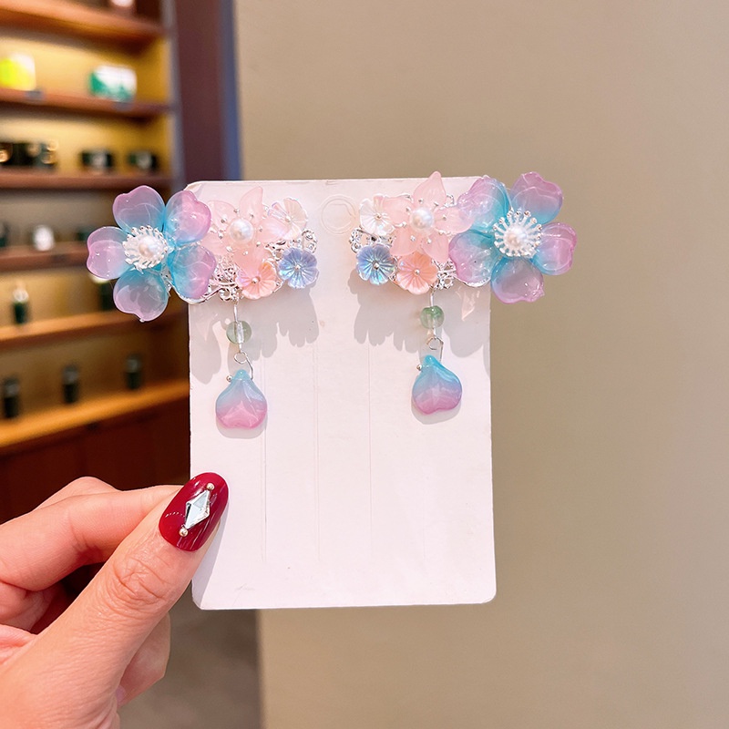 Set 1 Cặp Kẹp Tóc Hình Bươm Bướm/Hoa Nhiều Màu Sắc Phối Tua Rua Dễ Thương Cho Bé Gái