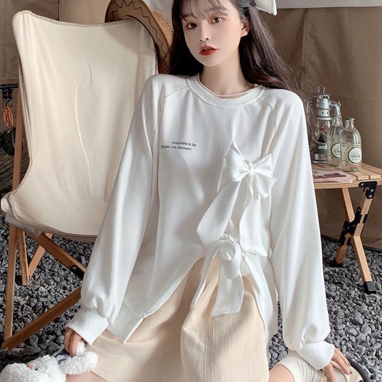 Áo Hoodie Dáng Rộng In Chữ Phối Nơ Xẻ Tà Kiểu Hàn Quốc Dễ Thương Cho Nữ