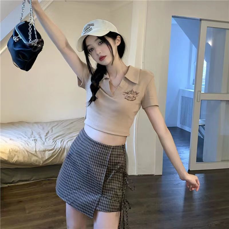 AMOI Bộ Áo Polo Ngắn Tay + Chân Váy Ca Rô Xinh Xắn Theo Phong Cách 2022 Dành Cho Nữ