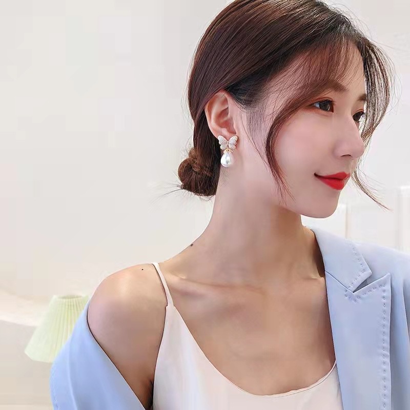 Bông Tai Hình Bướm Đính Ngọc Trai Đơn Giản Thời Trang Cho Nữ