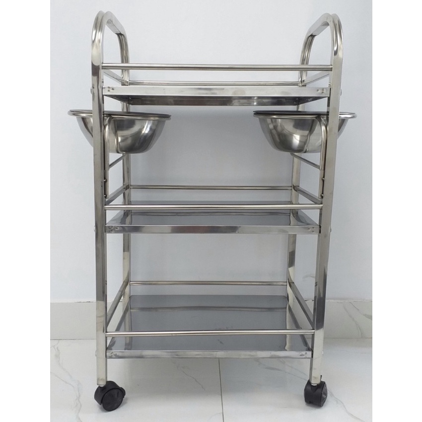 Xe Đẩy inox 3 Tầng Spa Có Bát Nước , Xe Đẩy inox Đựng Dụng Cụ 3 Tầng. Kệ inox Spa