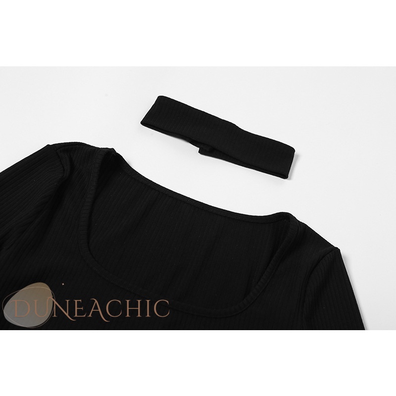 DUNEA Áo liền quần tay dài phối lưới cổ chữ U