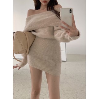 váy len lông trễ vai