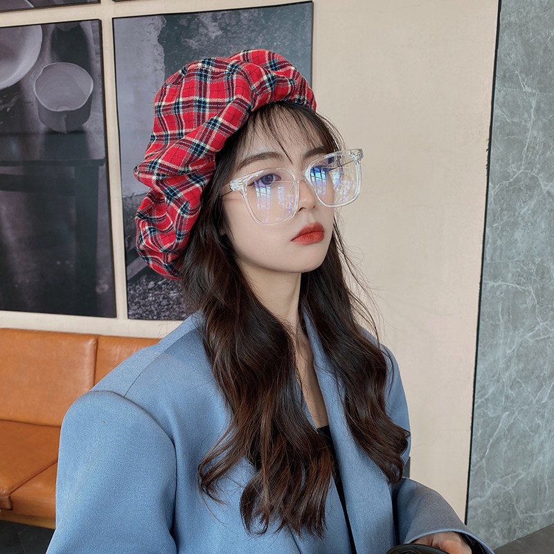 Mũ Beret Họa Tiết Sọc Caro Phong Cách Retro Hàn Quốc Cho Nữ