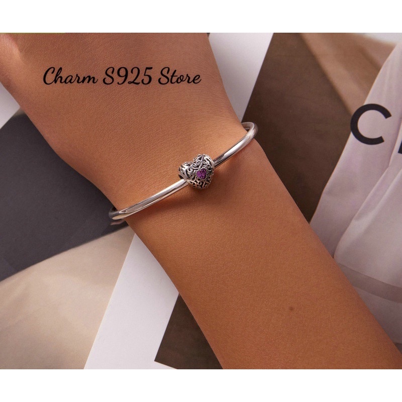 CHARM XỎ NGANG HOẠ TIẾT TIM ĐÍNH ĐÁ BẠC S925 CAO CẤP HÀNG CHÍNH HÃNG