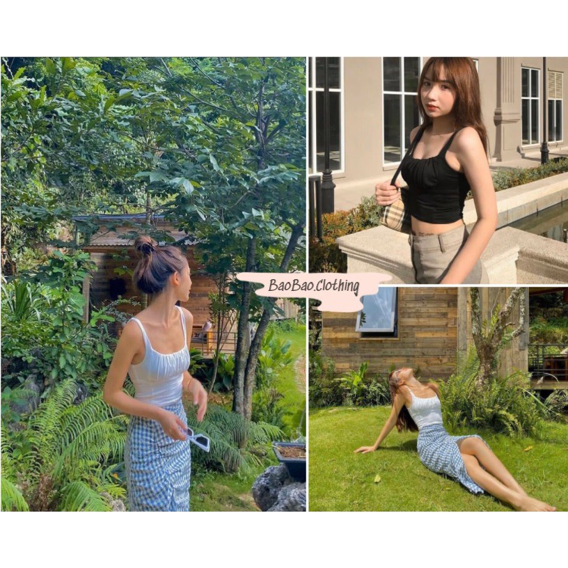 Áo hai dây nữ dúm ngực - BaoBao.Clothing [FREE SHIP] - Áo ba lỗ croptop sexy, cá tính, mặc đi biển, hai màu ĐEN | TRẮNG