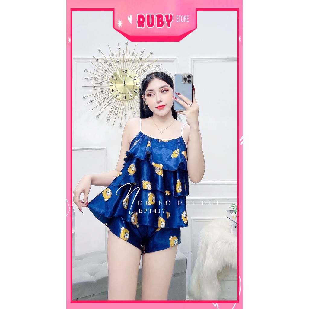 Đồ bộ ngủ sexy cho nữ mặc nhà chất phi bóng mềm mát in hình gấu hoạt hình dễ thương BPT417