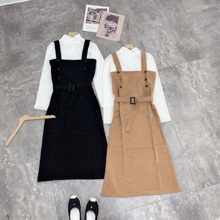 [tkn123] Đầm Yếm Chất Nhung Tăm Kèm Belt, Sét Váy Yếm Nhung Tăm Kèm Áo Thun Chất Len Tay Dài Phong Cách Hàn Quốc.