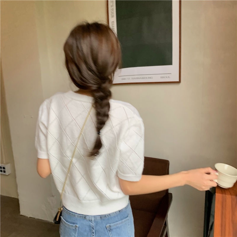 Áo Dệt Kim Tay Ngắn Thêu Họa Tiết Xinh Xắn 175286 Áo Len Mỏng Khoét Lỗ Thời Trang Dành Cho Nữ