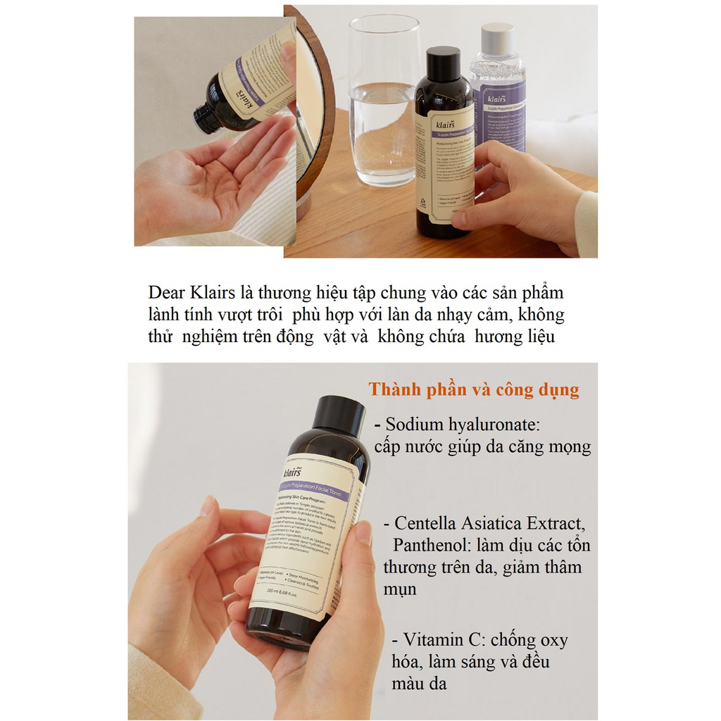 Toner Klairs dưỡng ẩm❤️Nước hoa hồng Klairs Moon21 Supple Preparation Facial Toner 180ml loại có mùi cho da nhạy cảm