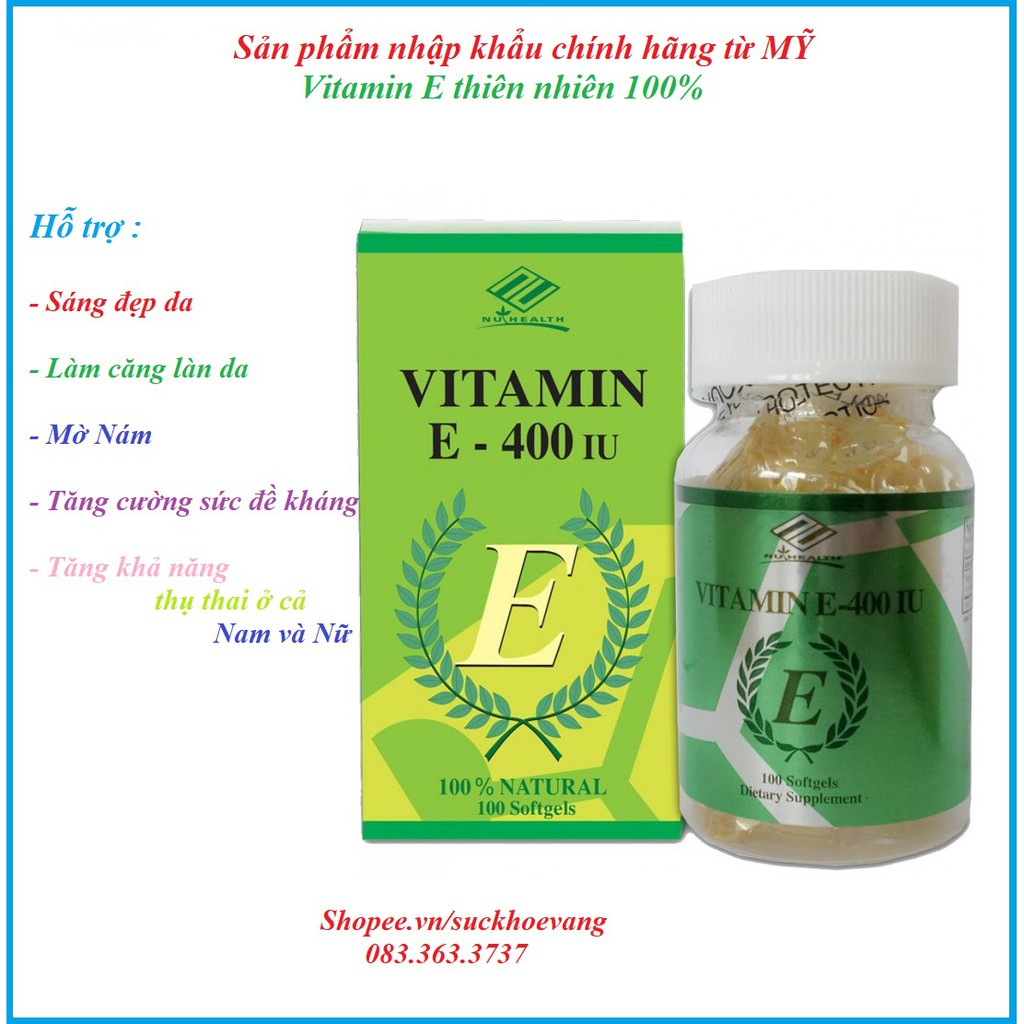 [Hàng Mỹ] Vitamin E hàm lượng 400iu, hộp 100 viên nhập khẩu mỹ