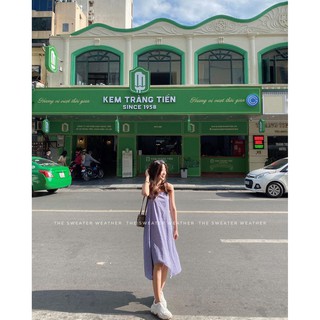 Váy hai dây chấm bi vạt dài