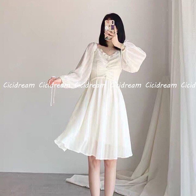 Đầm - váy trắng cổ tim dài tay bo chun khuy nhún ngực, Đầm - váy trắng cổ tim tay bồng babydoll  mặc được 2 kiểu