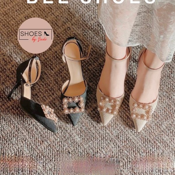 Giày cao gót 7p bít mũi SUDI G68-BCF có đính đá ngọc phối kiểu sandal có quai trên 2 màu trắng đen sang chảnh cuốn hút